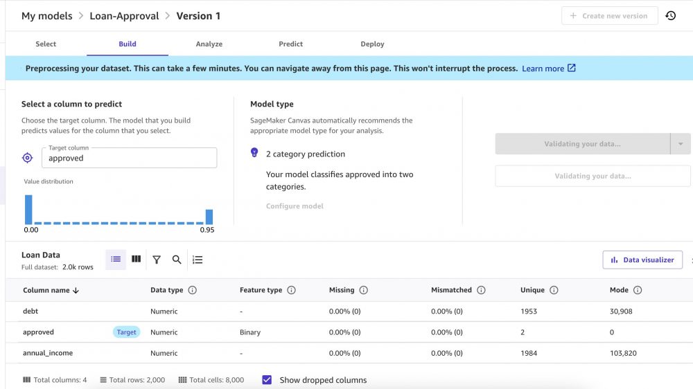 sagemaker canvas select column to predict