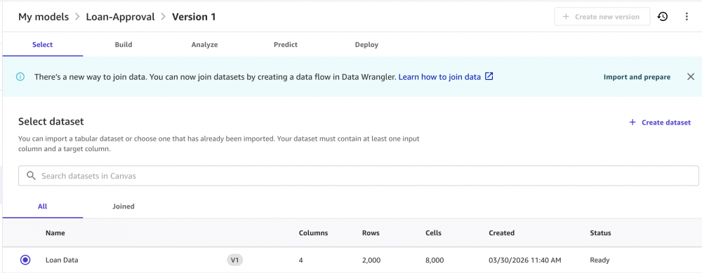 sagemaker canvas select dataset from s3